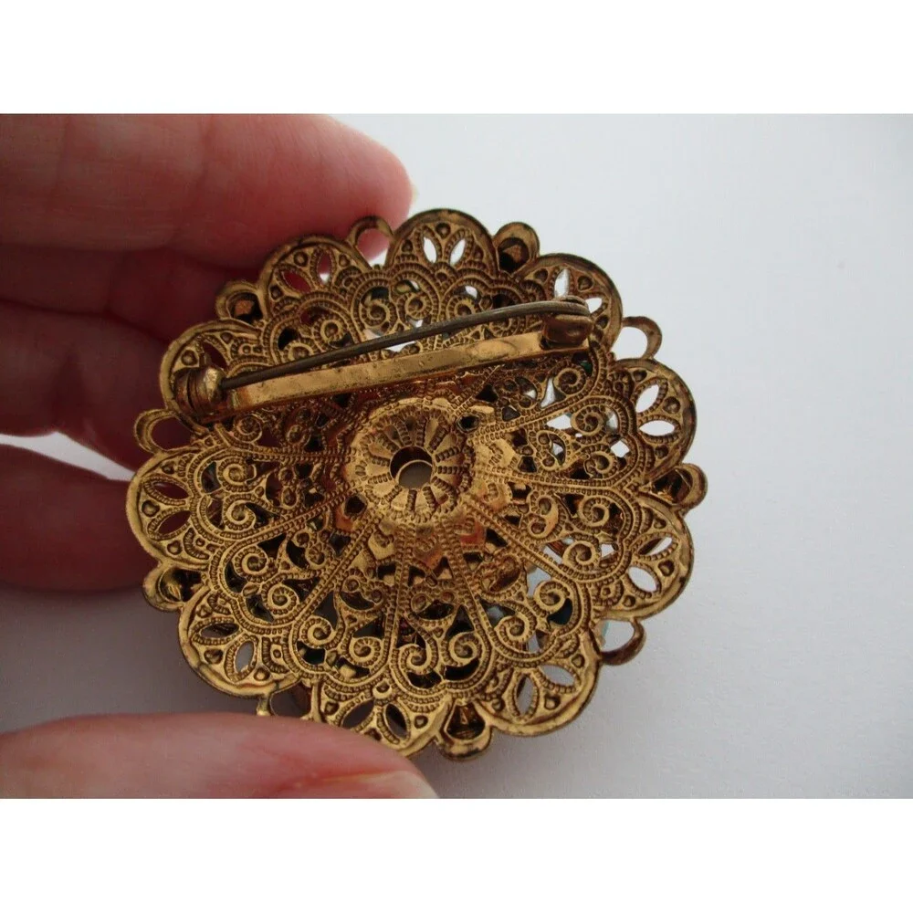 Vintage West  Germany Gold Filigree Turquoise Blue  Pearl Brooch Pin